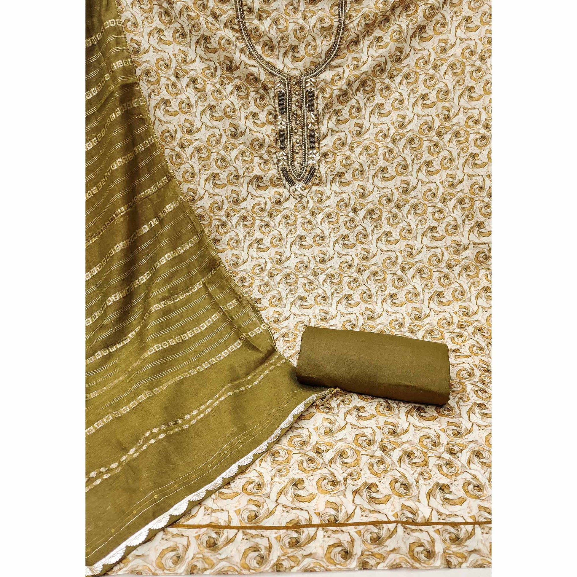 Mehendi Green Digital Printed With Hand Embroidered Muslin Dress Material