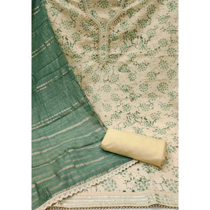 Cream & Green Digital Printed With Hand Embroidered Muslin Dress Material