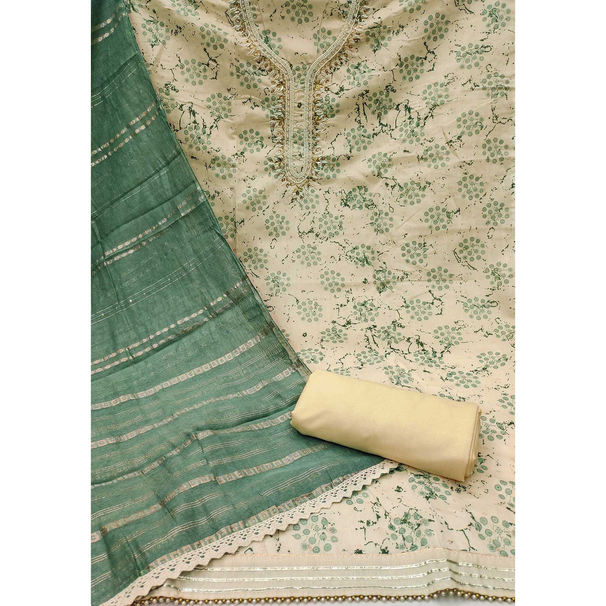 Cream & Green Digital Printed With Hand Embroidered Muslin Dress Material
