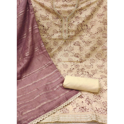 Cream & Mauve Digital Printed With Hand Embroidered Muslin Dress Material