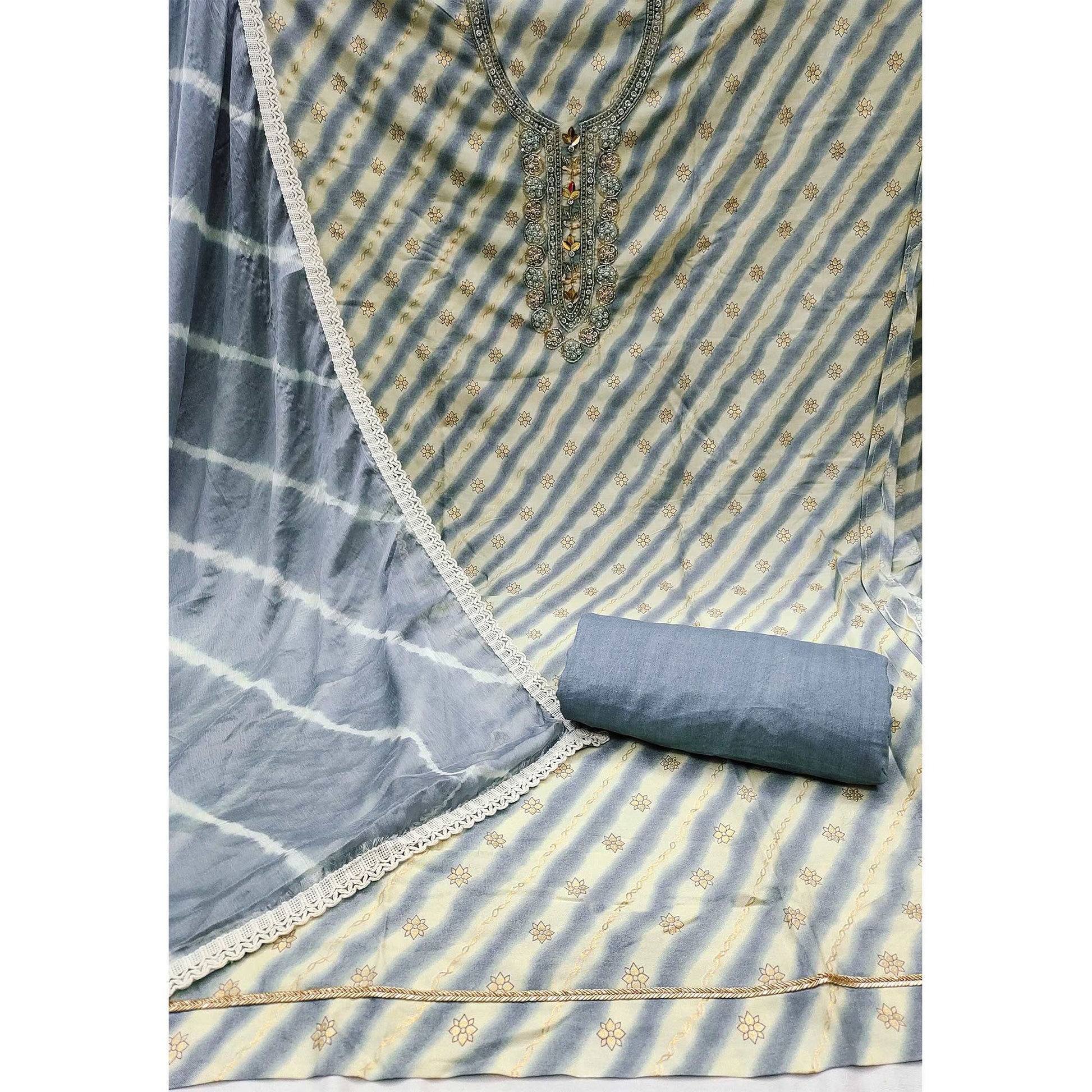 Grey Printed With Hand Embroidered Pure Cotton Dress Material