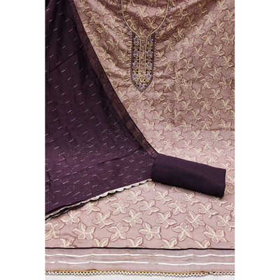 Light Mauve Floral Printed With Hand Embroidery Chanderi Dress Material