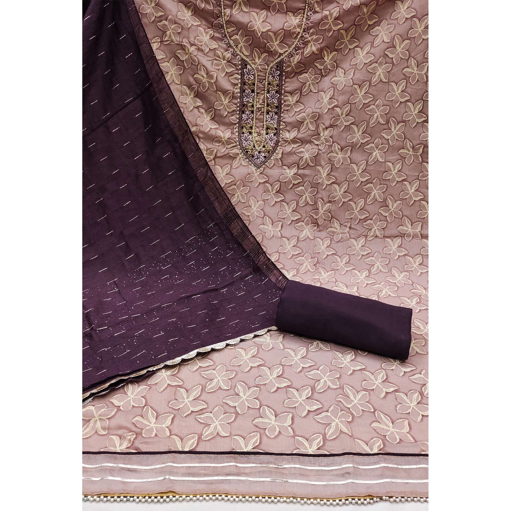 Light Mauve Floral Printed With Hand Embroidery Chanderi Dress Material