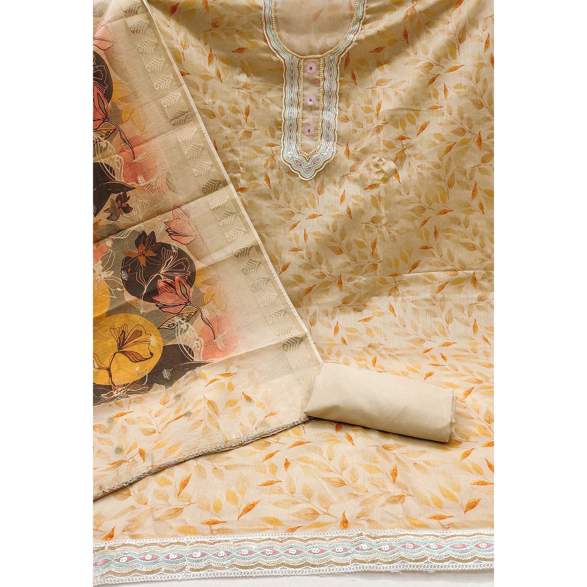 Chikoo Printed With Sequins Embroidered Chanderi Dress Material