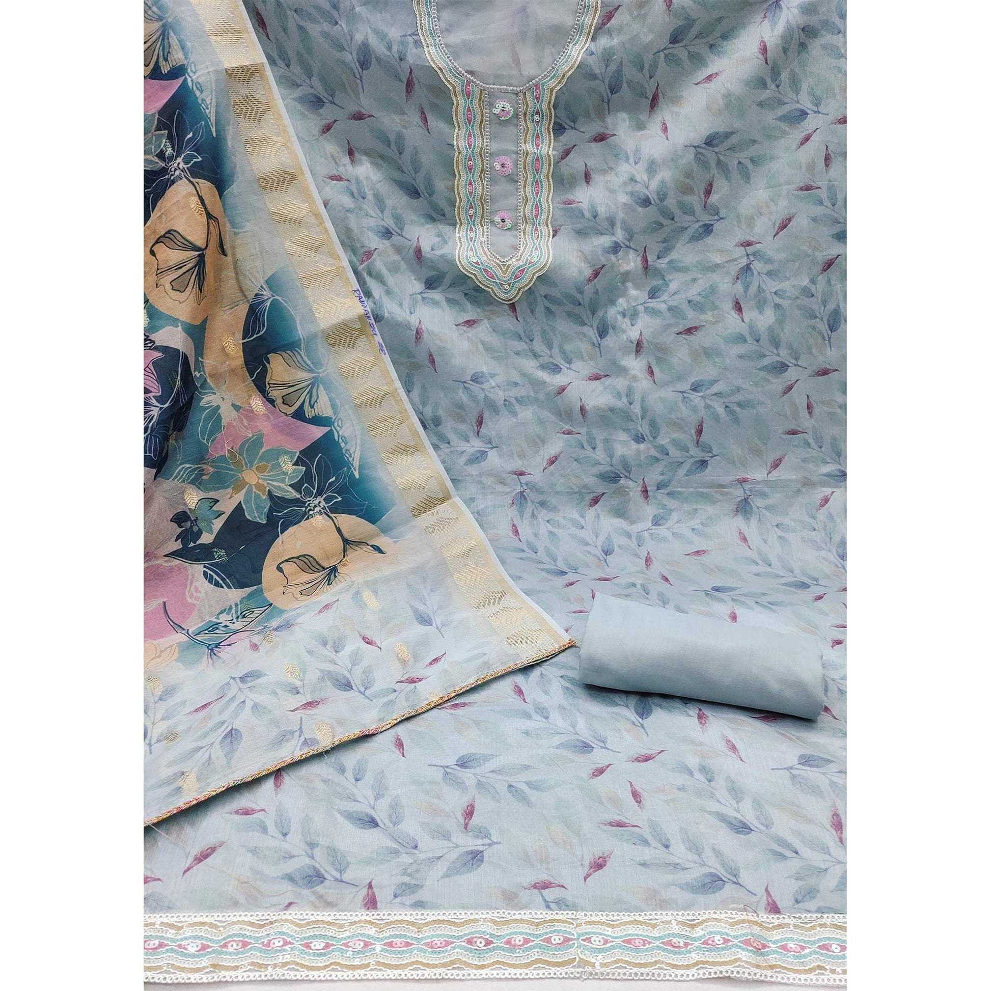Grey Printed With Sequins Embroidered Chanderi Dress Material