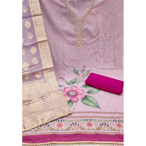 Light lavender Floral Digital Printed With Handwork Pure Cotton Dress Material