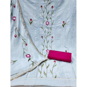 Bluish Grey Hand Embroidery With Printed Pure Cotton Dress Material