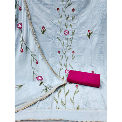 Bluish Grey Hand Embroidery With Printed Pure Cotton Dress Material