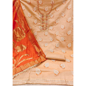 Light Peach Printed With Hand Embroidery Chanderi Dress Material