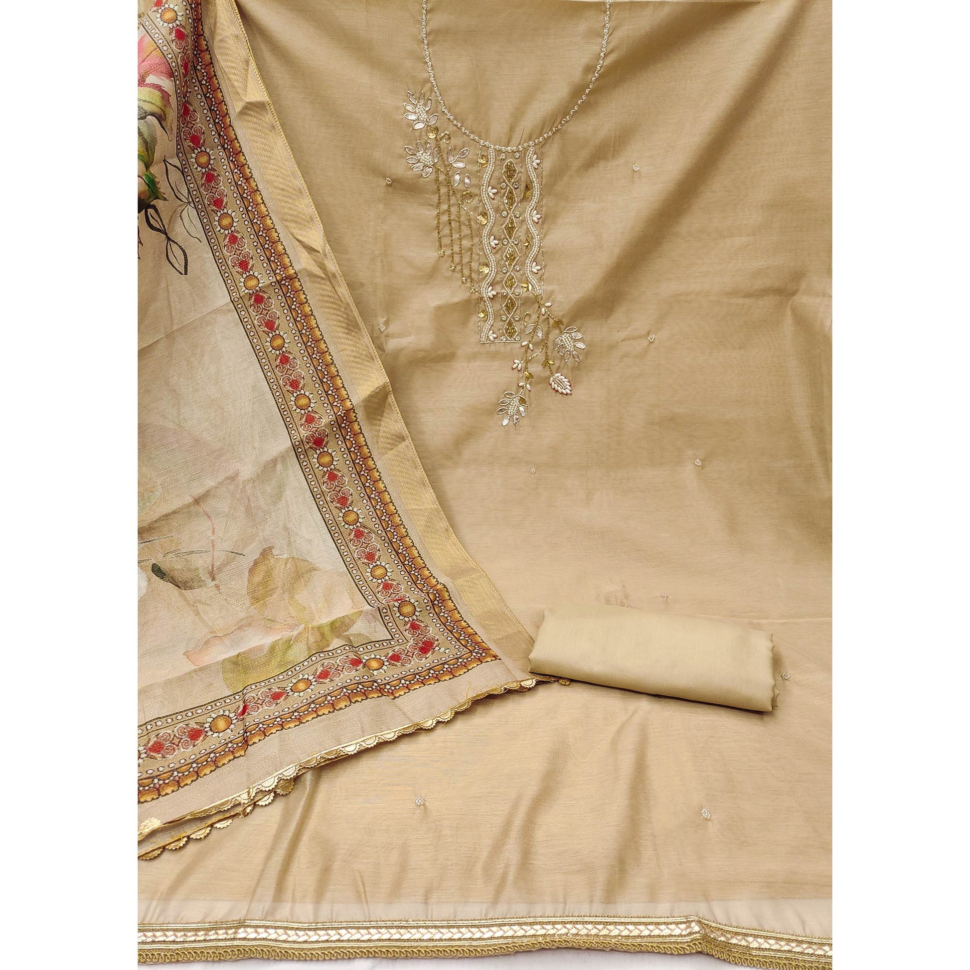 Chikoo Floral Hand Embroidery Chanderi Dress Material