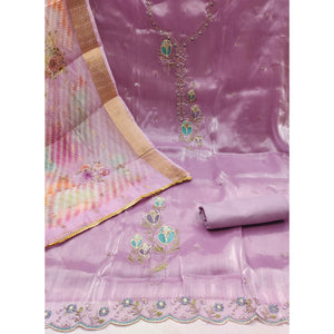 Light Purple Floral Embroidered Organza Silk Dress Material