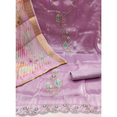Light Purple Floral Embroidered Organza Silk Dress Material