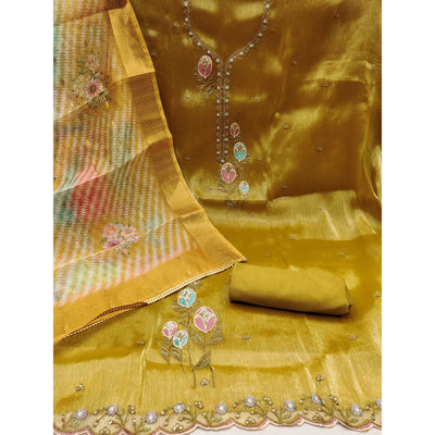 Mehendi Green Floral Embroidered Organza Silk Dress Material