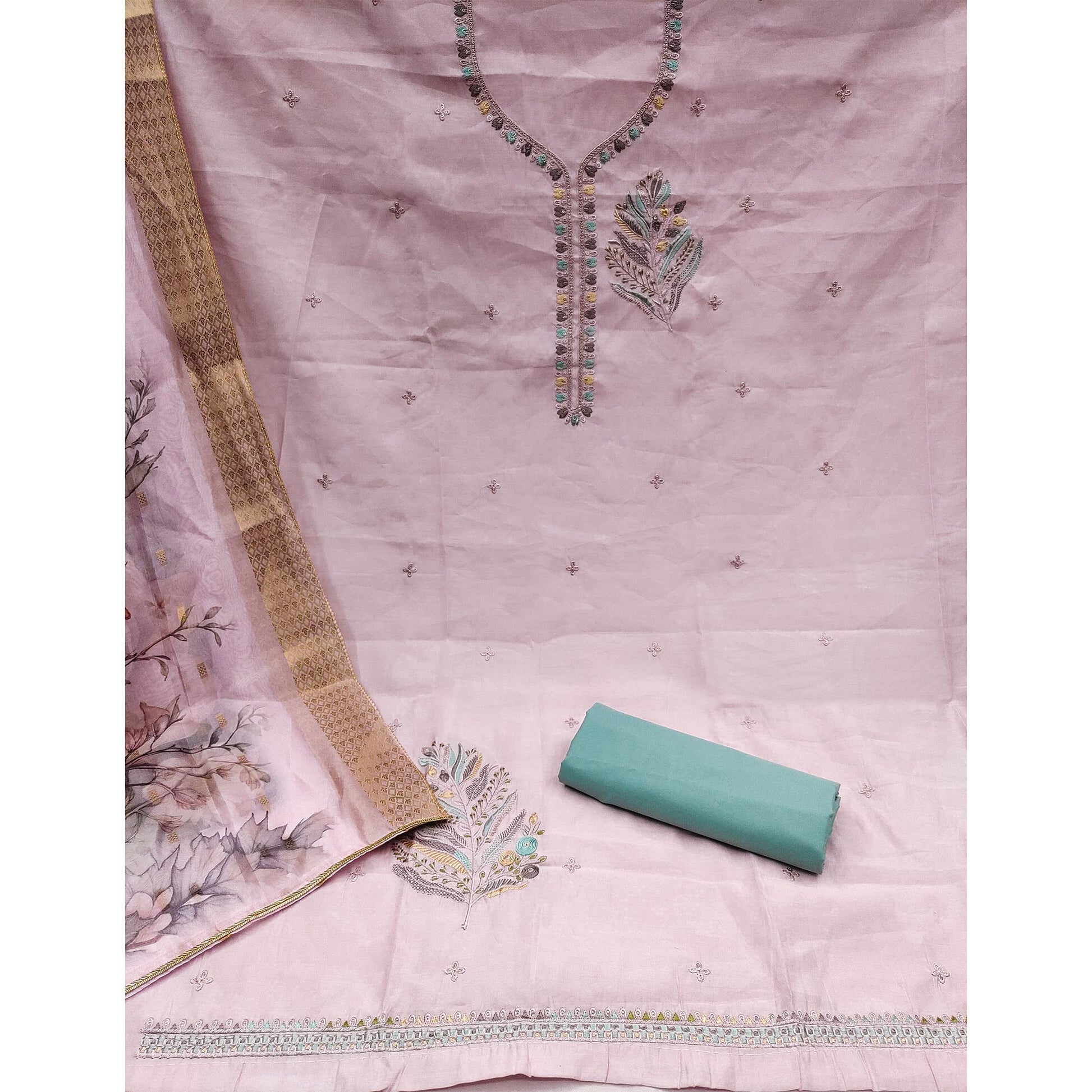 Light Pink Floral Embroidered Cotton Silk Dress Material
