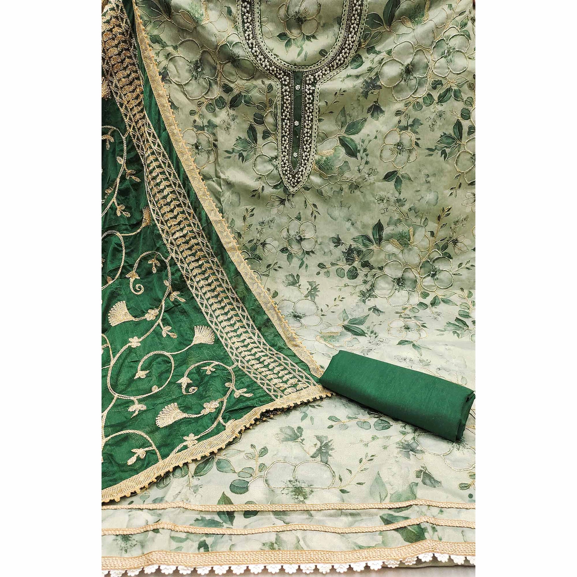 Bottle Green Floral Digital Printed With Hand Embroidery Viscose Dress Material