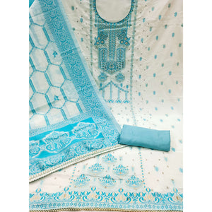 Blue Woven With Stone Work Muslin Dress Material