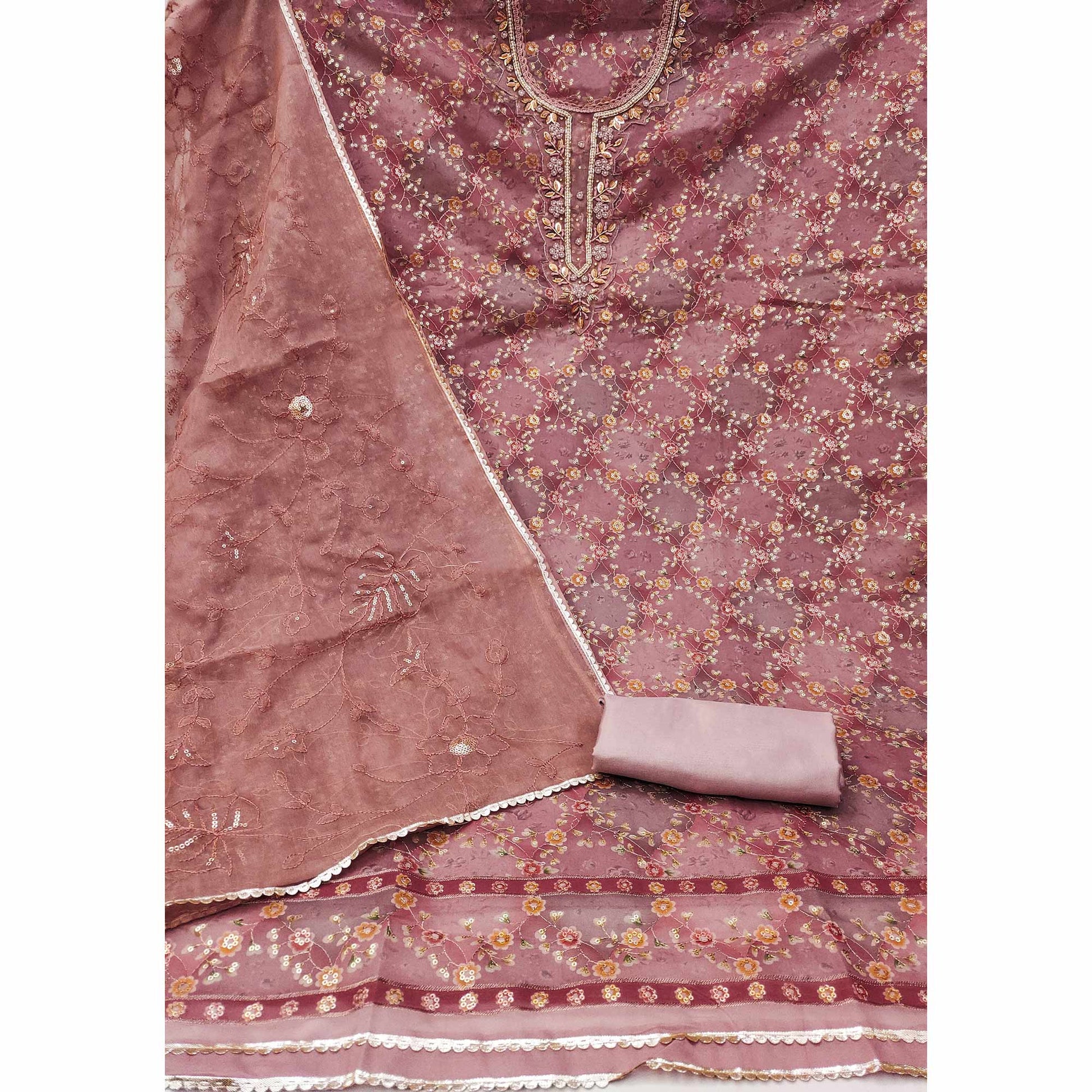 Mauve Floral Sequins Embroidery With Handwork Organza Dress Material