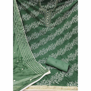Bottle Green Sequins Embroidery With Handwork Organza Dress Material