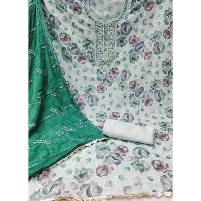 Light Grey Hand Embroidery With Digital Printed Organza Dress Material