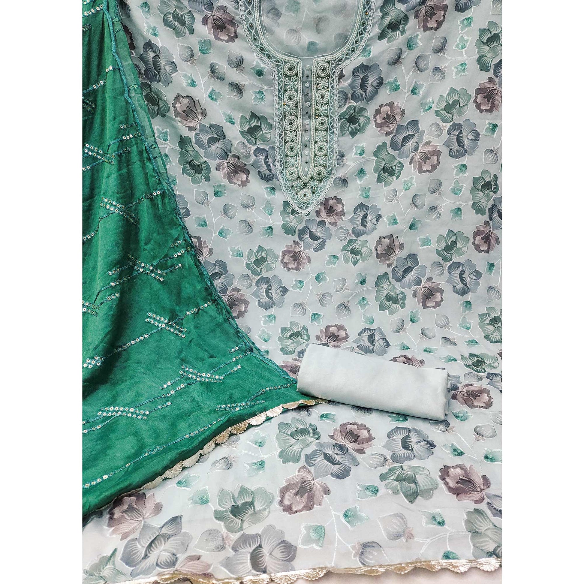 Light Grey Hand Embroidery With Digital Printed Organza Dress Material