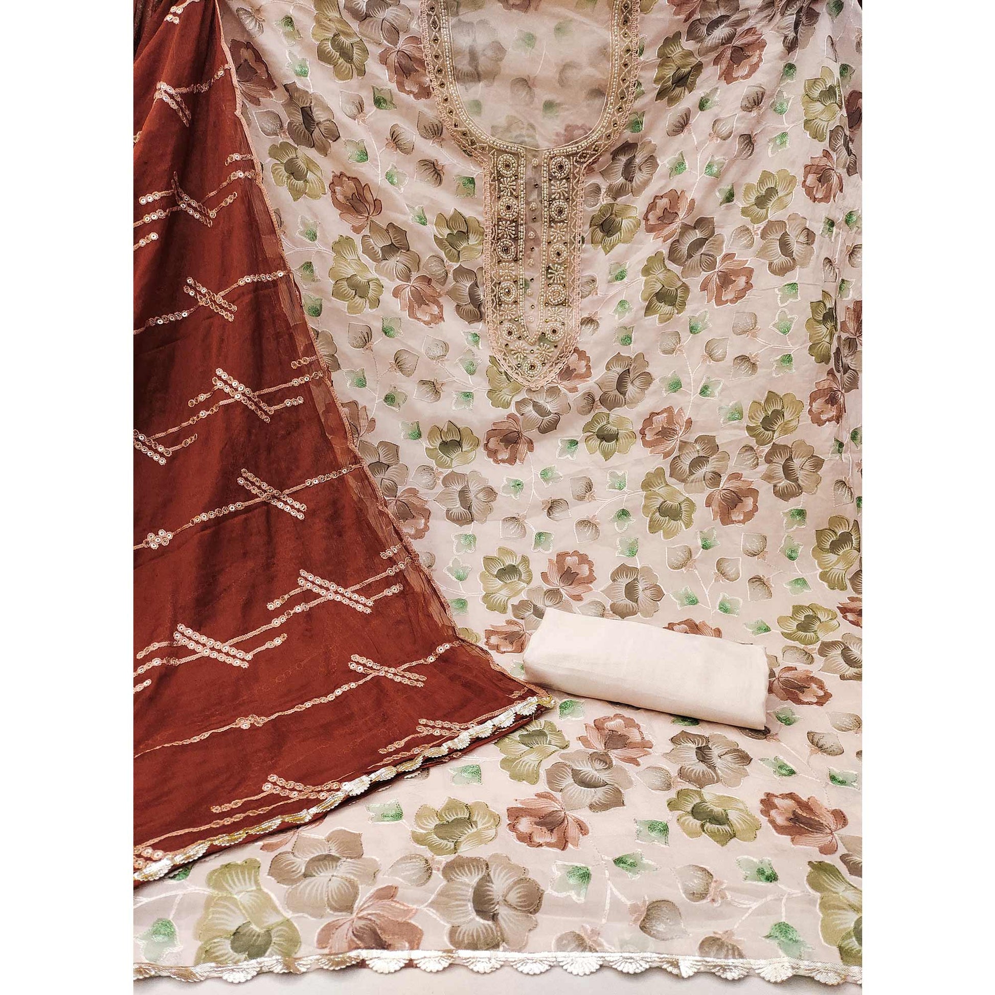 Light Peach Hand Embroidery With Digital Printed Organza Dress Material