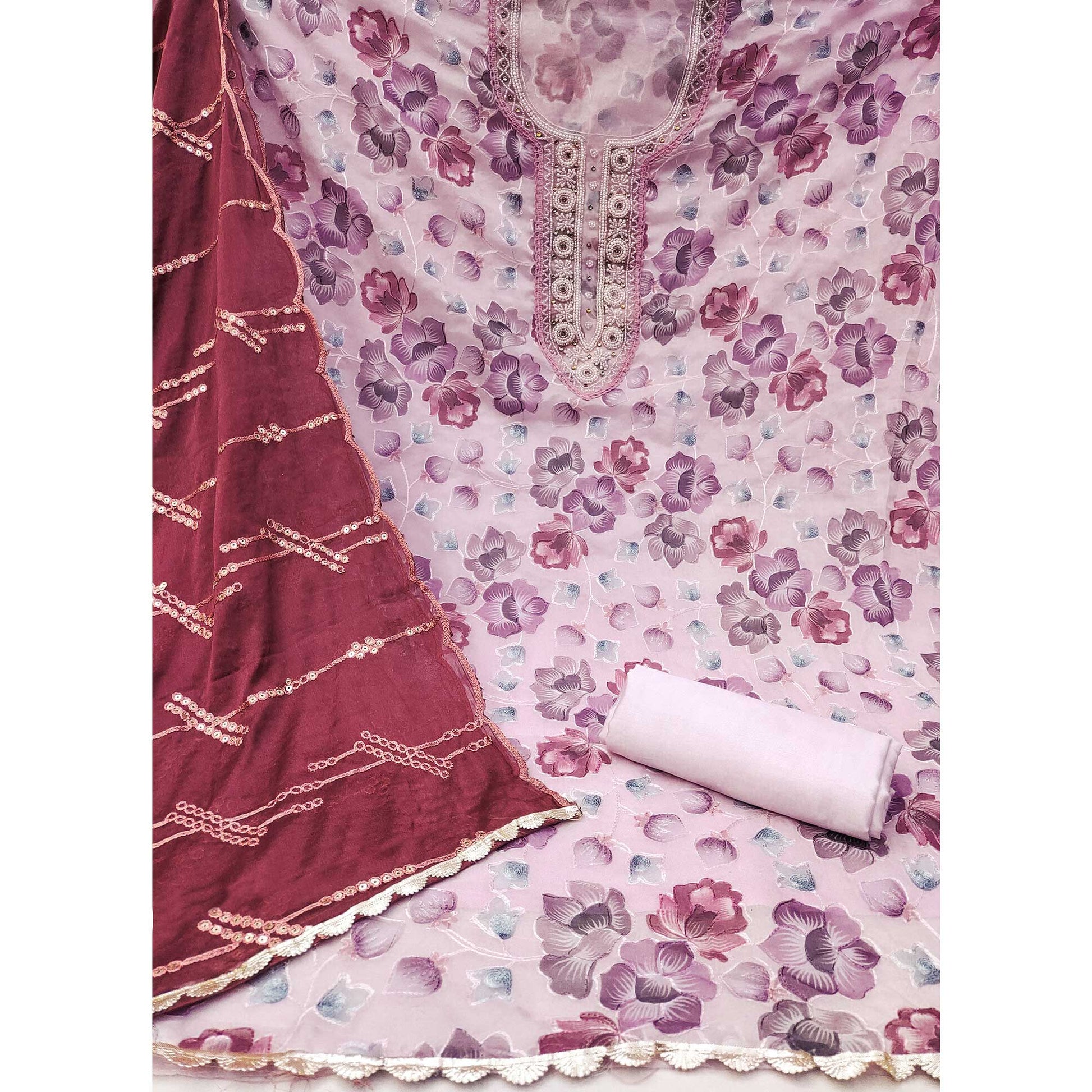 Light Pink Hand Embroidery With Digital Printed Organza Dress Material
