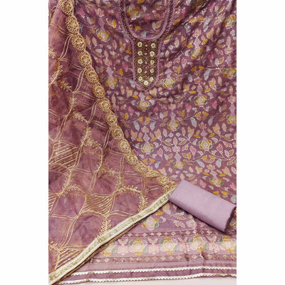 Mauve Floral Sequins Embroidery Organza Dress Material
