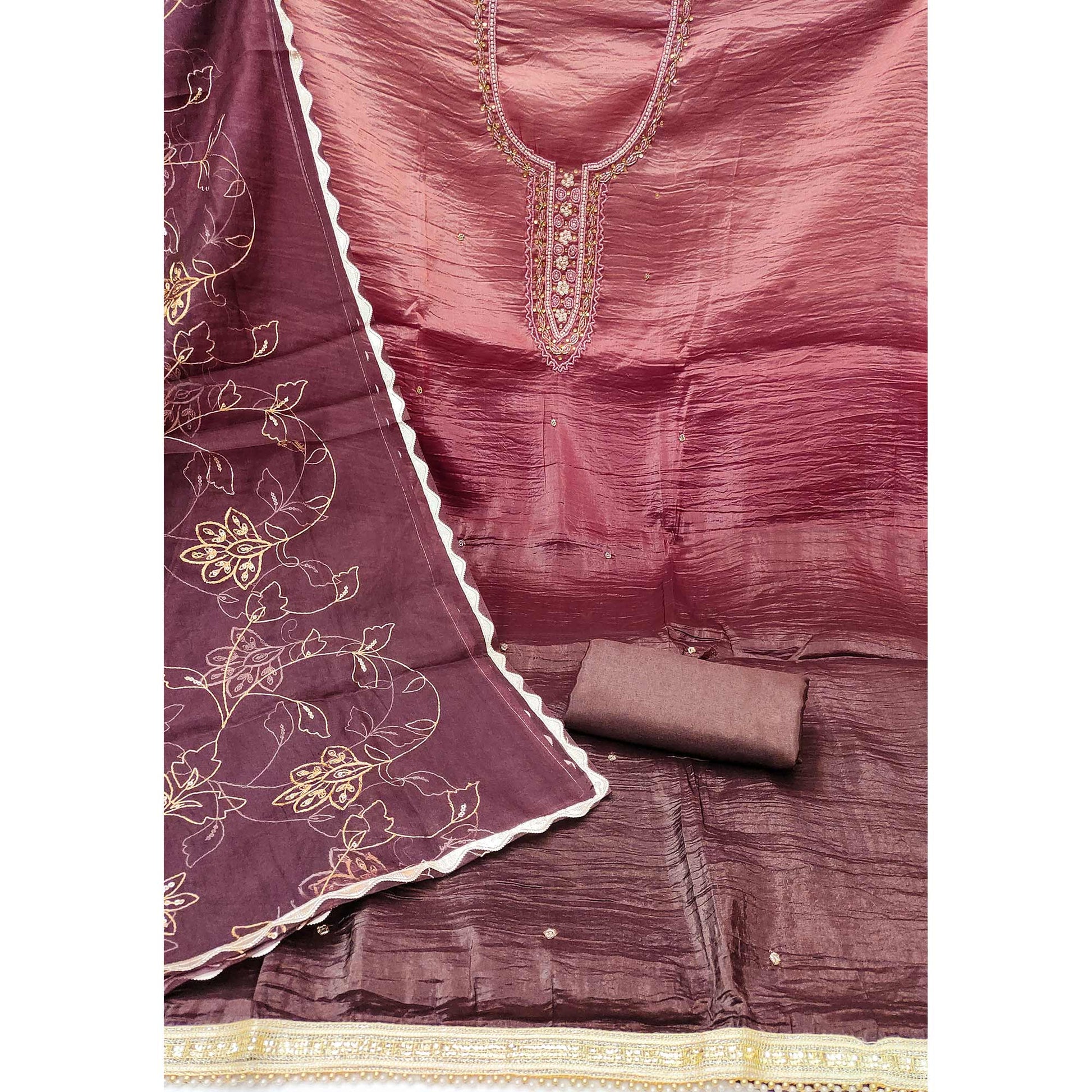 Dusty Rose  Pink Floral Handwork Viscose Dress Material