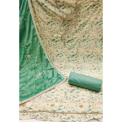 Cream & Green Printed With Handwork Pure Cotton Dress Material