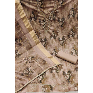 Brown Floral Printed With Handwork Muslin Dress Material