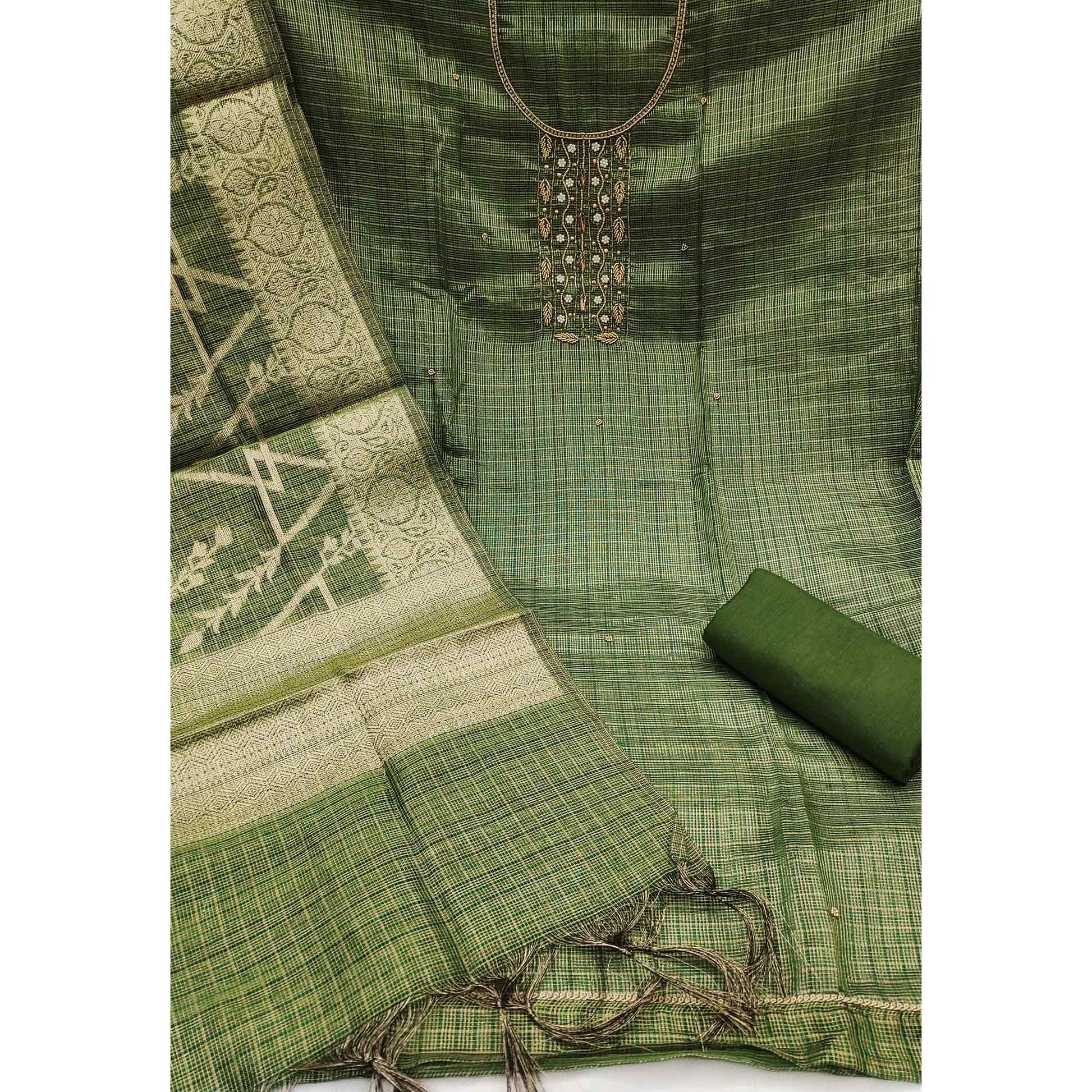 green-floral-handwork-with-woven-viscose-dress-material