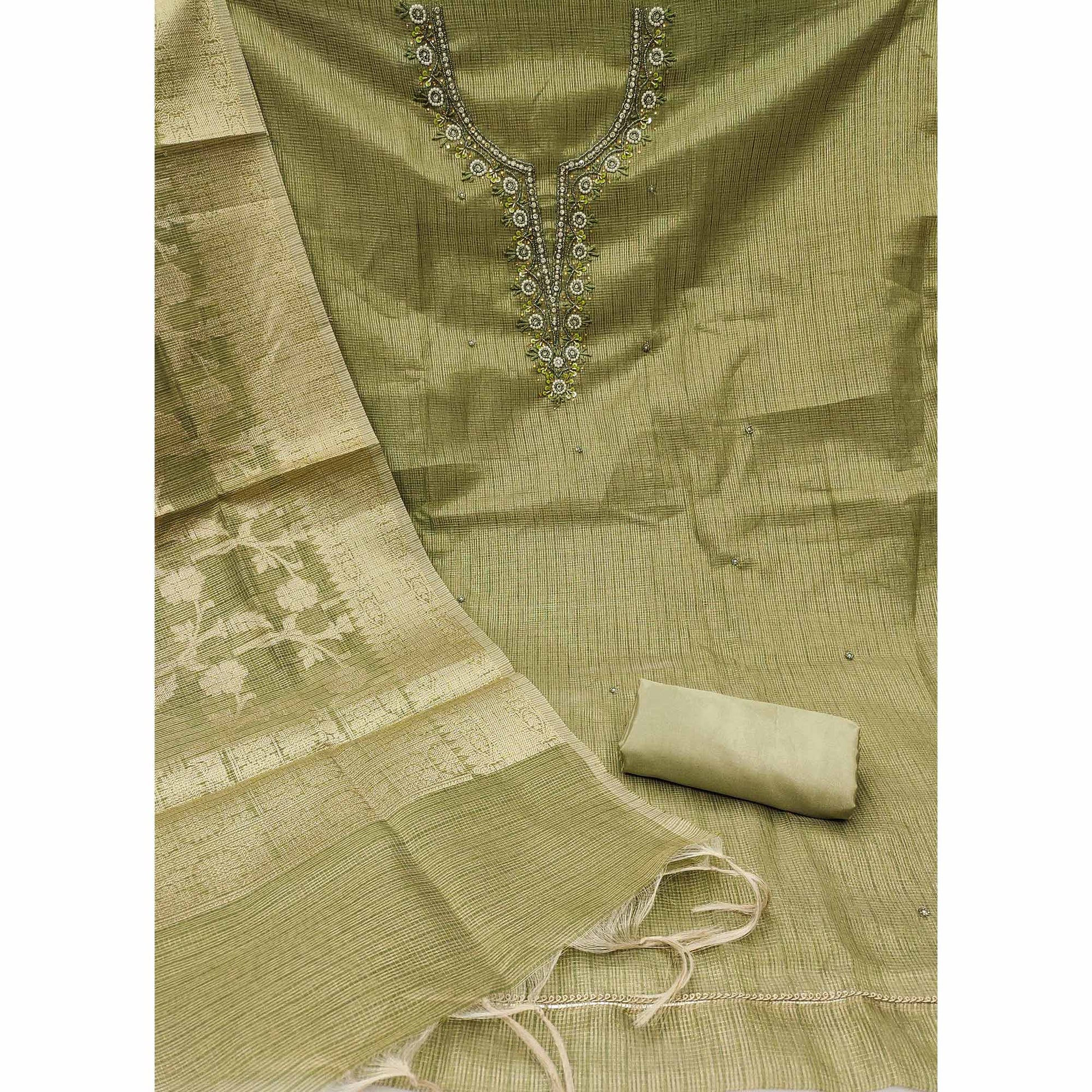 green-woven-with-moti-handwork-viscose-dress-material