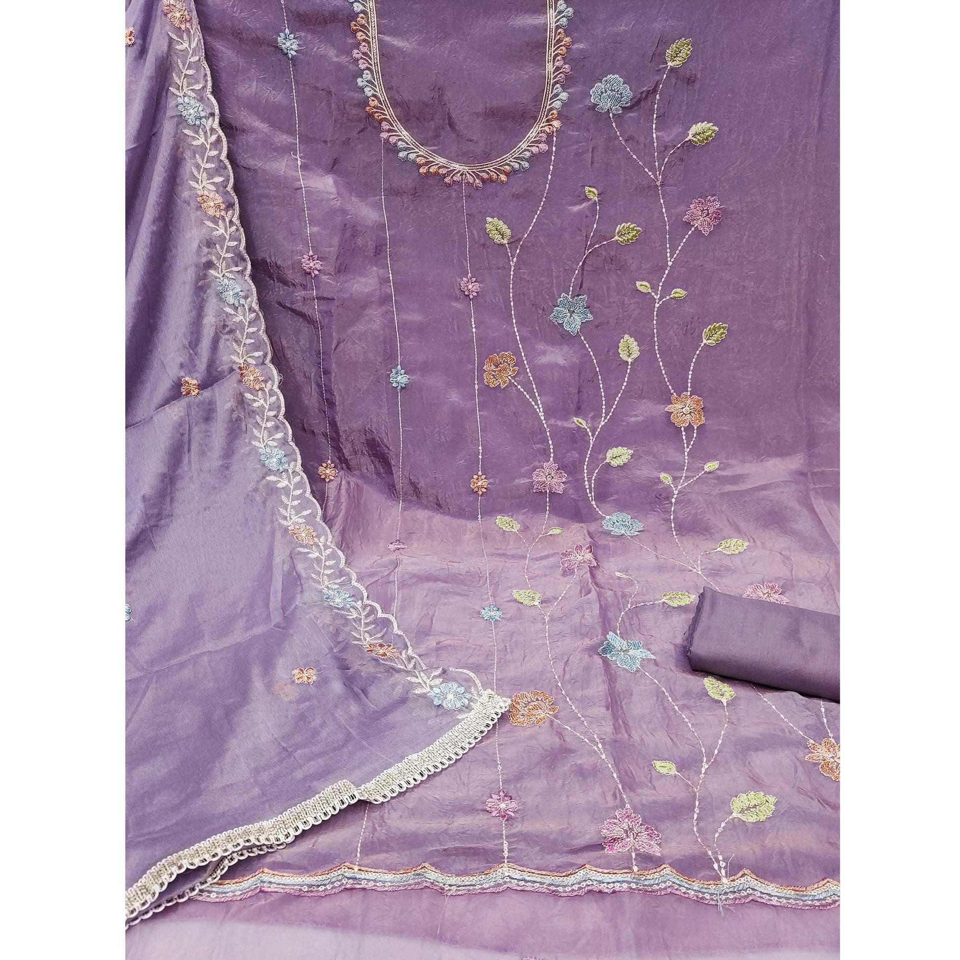 Lavender Floral Sequins Embroidered Viscose Golden Crush Dress Material