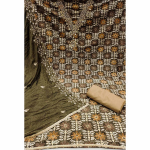 Dark Brown Floral Printed With Handwork Pure Cotton Dress Material
