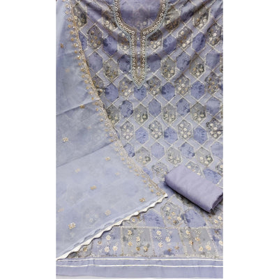 Lavender Floral Sequins Embroidery With Handwork Organza Dress Material