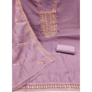 Light Purple Floral Embroidered Roman Cotton Silk Dress Material