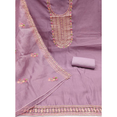Light Purple Floral Embroidered Roman Cotton Silk Dress Material