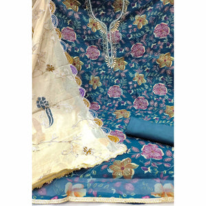 Blue Sequins Embroidery With Handwork Organza Dress Material
