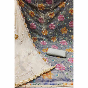 Grey Sequins Embroidery With Handwork Organza Dress Material