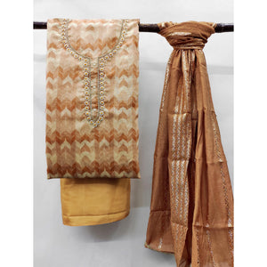 Brown Printed With Handwork Chanderi Silk Dress Material