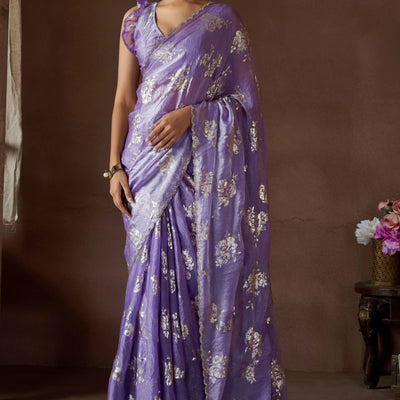 Lavender Floral Foil Printed Satin Silk Saree With Zarkan Border