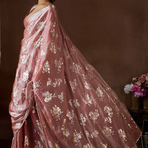 Dusty Rose Pink Floral Foil Printed Satin Silk Saree With Zarkan Border