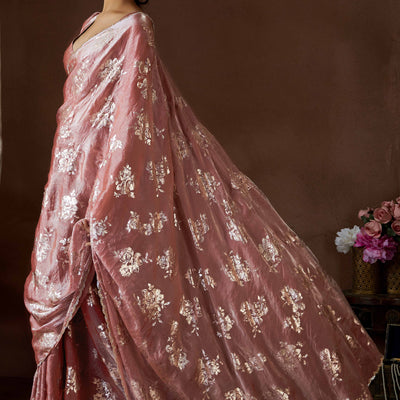 Dusty Rose Pink Floral Foil Printed Satin Silk Saree With Zarkan Border