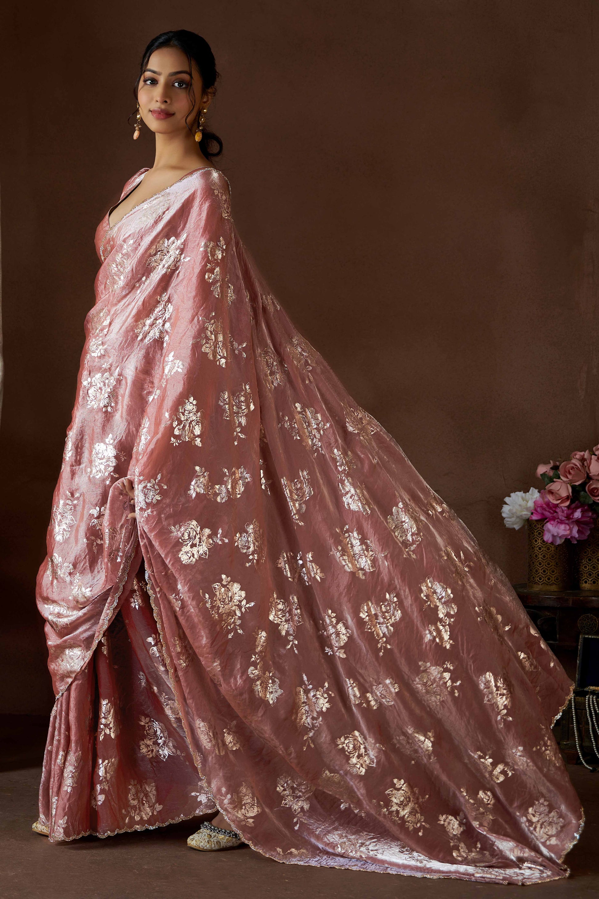 Dusty Rose Pink Floral Foil Printed Satin Silk Saree With Zarkan Border