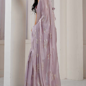 Lavender Floral Printed Stone Work Satin Saree