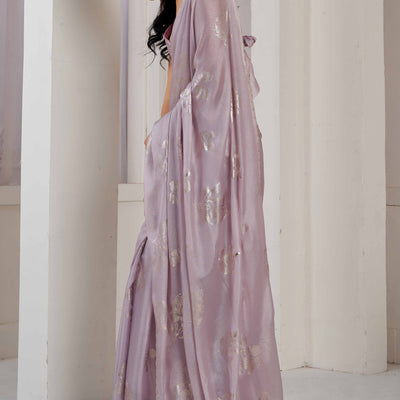 Lavender Floral Printed Stone Work Satin Saree