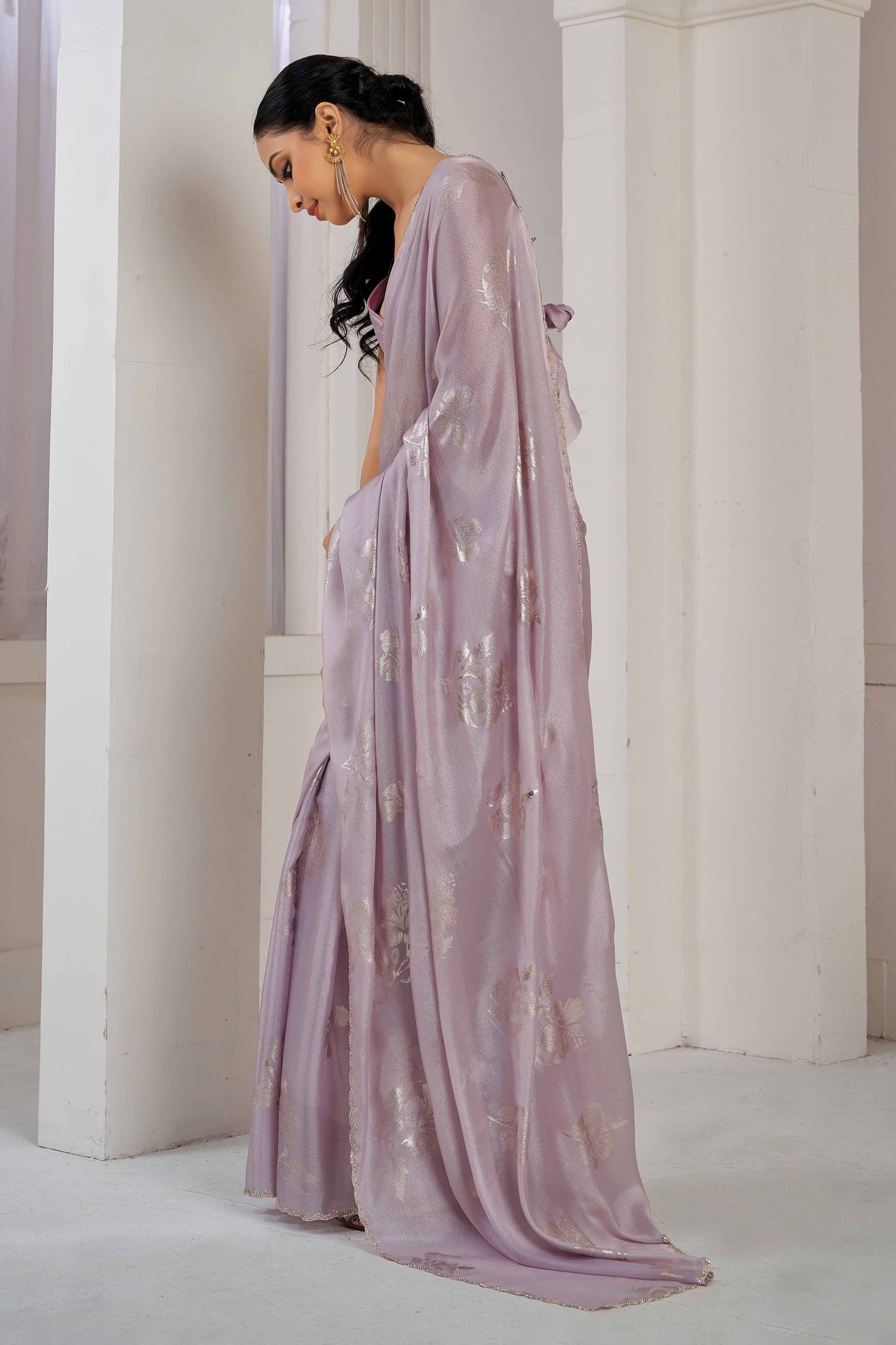 Lavender Floral Printed Stone Work Satin Saree