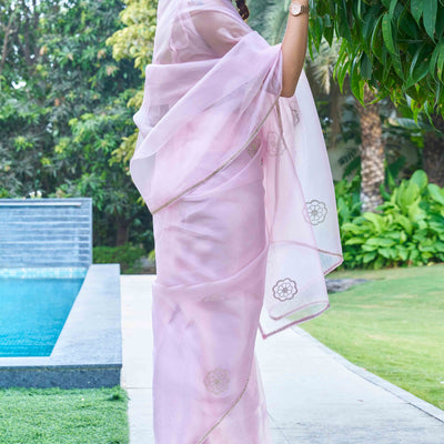 Lavender Stone Work Embroidered Organza Saree