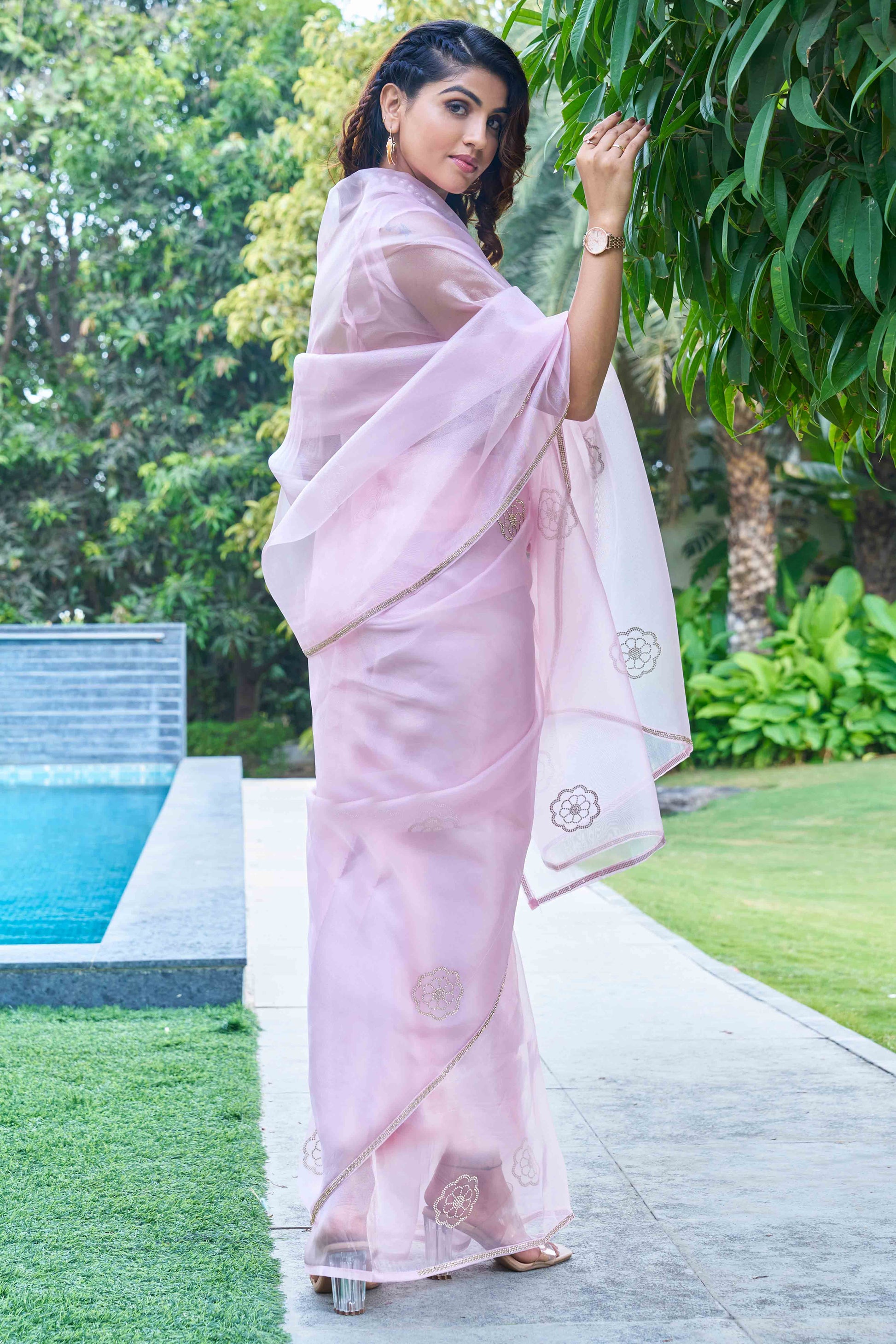 Lavender Stone Work Embroidered Organza Saree