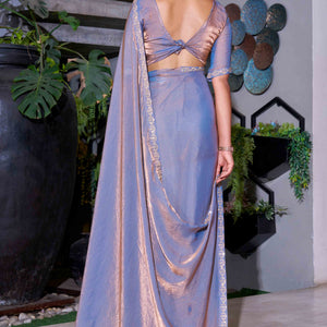 Lavender Stone Work Embroidered Satin Silk Saree